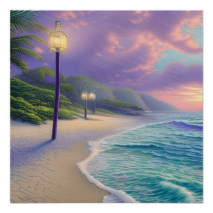 Póster Hermosas olas de océano playero nubes nocturnas