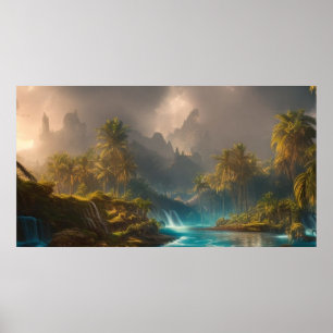 Póster Hermosas palmeras de la selva tropical y río 1
