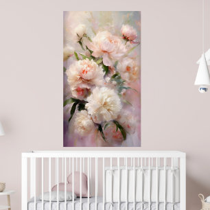 Póster Hermosas peonías blancas y rosadas sobre fondo ros