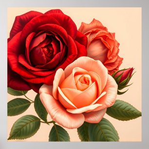 Póster Hermosas Rosas Rojas, Rosadas y Coral