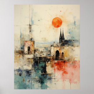 Póster Hermoso abstracto moderno pintura de pueblo pequeñ