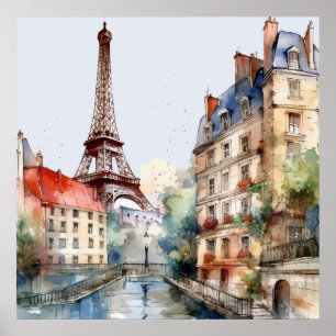 Póster Hermoso Acuarela de Viaje a París