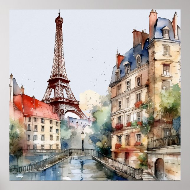 Póster Hermoso Acuarela de Viaje a París (Frente)