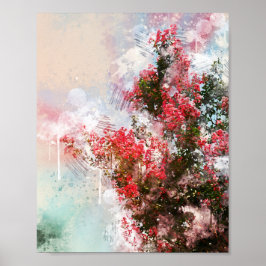 Póster hermoso árbol de flores pintura acuática áspera