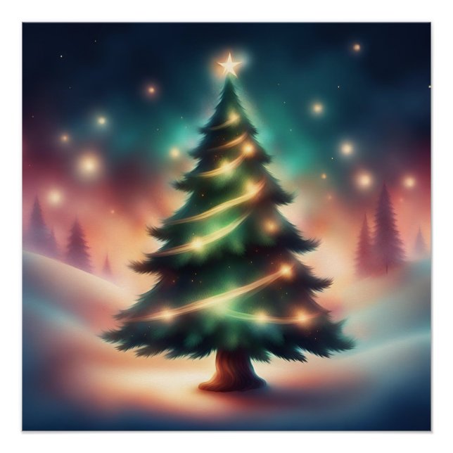 Póster Hermoso árbol de Navidad en el bosque de invierno (Anverso)