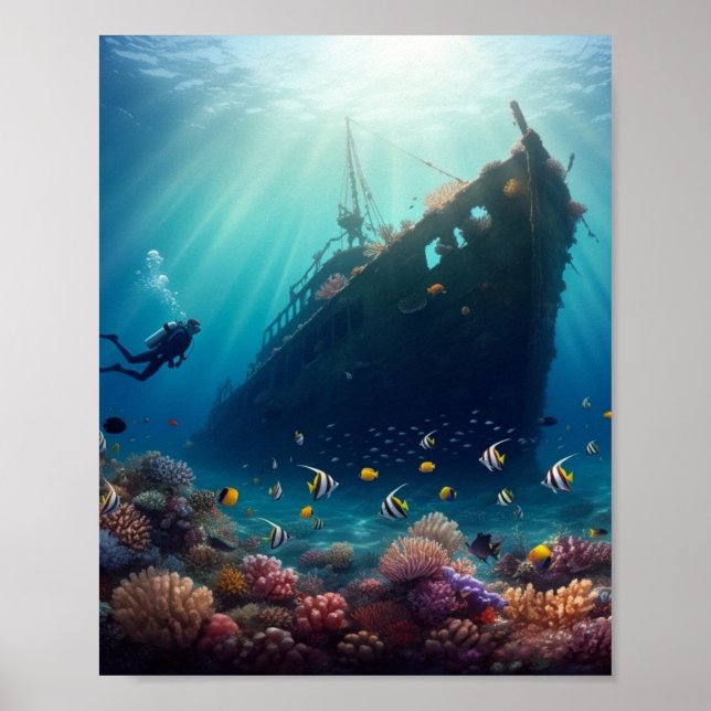 Póster Hermoso arrecife oceánico y naufragio (Frente)