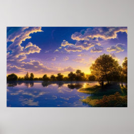 Póster Hermoso atardecer azul cielo nubes agua árboles so