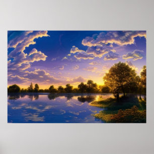 Póster Hermoso atardecer azul cielo nubes agua árboles so