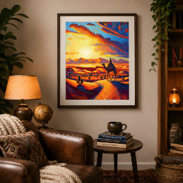 Póster Hermoso Atardecer Desértico de Hora Dorada y Camel