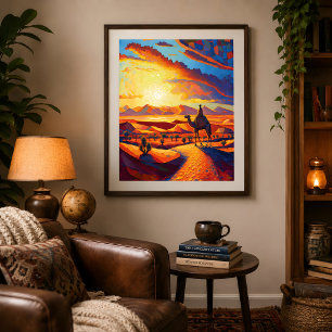 Póster Hermoso Atardecer Desértico de Hora Dorada y Camel