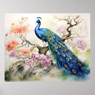Póster Hermoso Bella Artes de pavo real verde azul