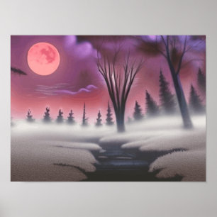 Póster Hermoso bosque de niebla rosado de medianoche