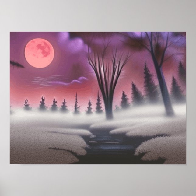 Póster Hermoso bosque de niebla rosado de medianoche (Frente)