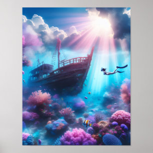 Póster Hermoso buzo y un naufragio