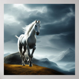 Póster Hermoso caballo blanco salvaje en las montañas