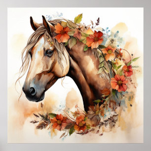 Póster Hermoso caballo con flores de Bonito