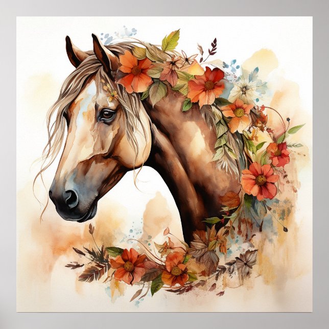 Póster Hermoso caballo con flores de Bonito (Frente)