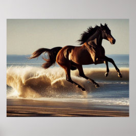 Póster hermoso caballo de castaño en la playa