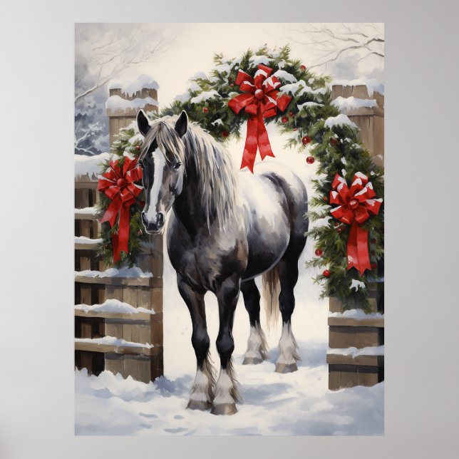 Póster Hermoso caballo gris con Navidades de Winter Garla (Frente)