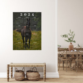 Póster Hermoso Caballo Marrón en Pradera Calendario de Pa