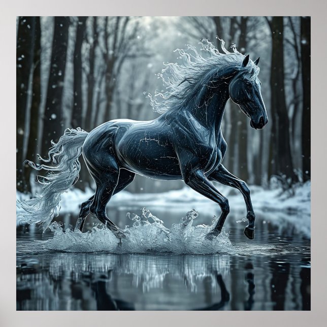 Póster Hermoso caballo negro corriendo a través del agua (Frente)
