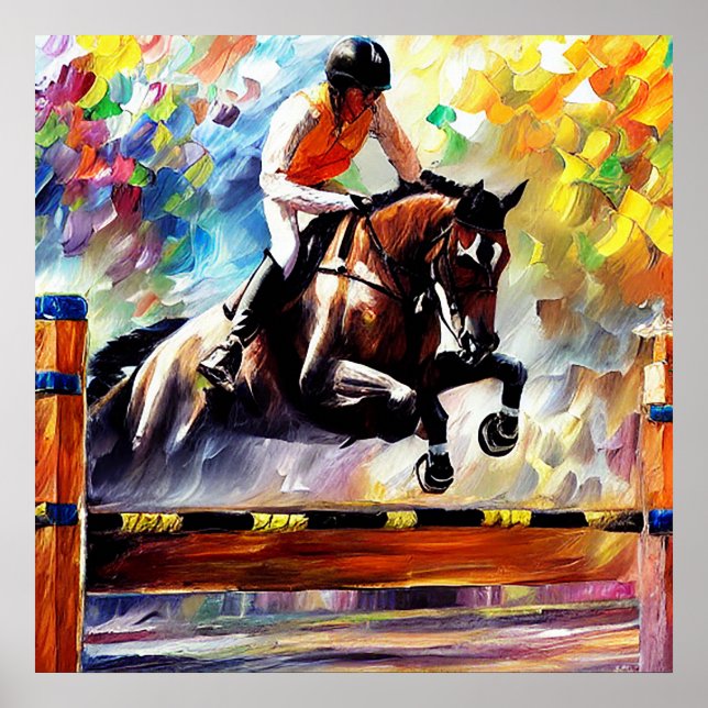 Póster Hermoso caballo saltando estilo de pintura de acei (Frente)