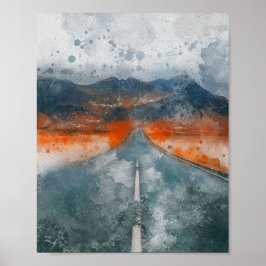 Póster hermoso camino con paisaje montañoso