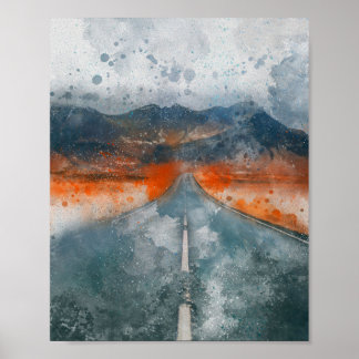 Póster hermoso camino con paisaje montañoso