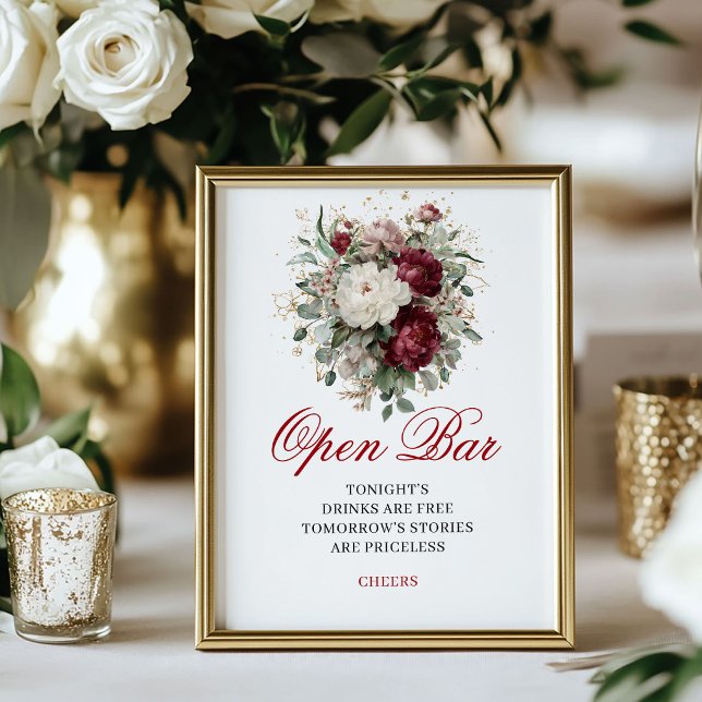 Póster Hermoso cartel de barra abierta de boda de borgoña (Beautiful Blush Burgundy Open Bar Wedding Sign)