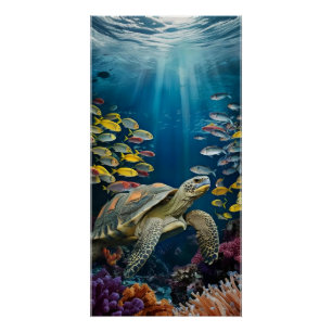 Póster Hermoso cartel de tortuga, peces y plantas marinas