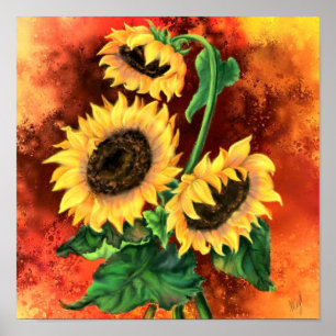 Póster Hermoso cartel de tres girasoles - Pintura