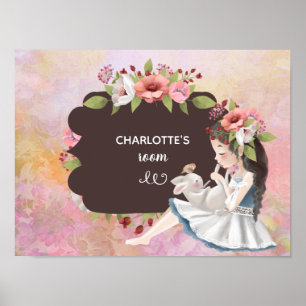 Póster Hermoso Chica, conejo y flores para niños
