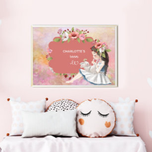 Póster Hermoso Chica, conejo y Poster de niños de flores