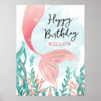 Hermoso Chica de Sirena Rótulo Poster de cumpleaño