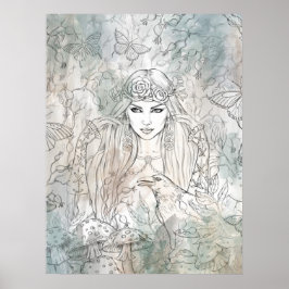 Póster Hermoso chica gótico con un cuervo dibujado a mano