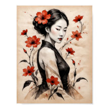 Hermoso chica japonés con flores en pergamino