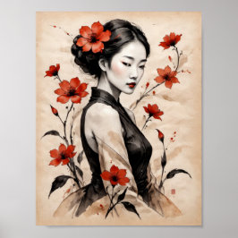 Póster Hermoso chica japonés con flores en pergamino