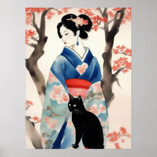 Póster Hermoso Chica japonés con un gato negro