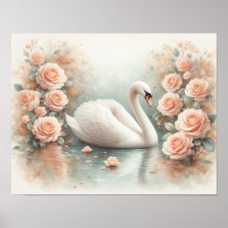 Póster Hermoso cuadro de cisne y rosas