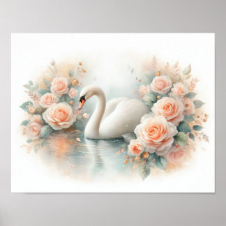 Póster Hermoso cuadro de cisne y rosas