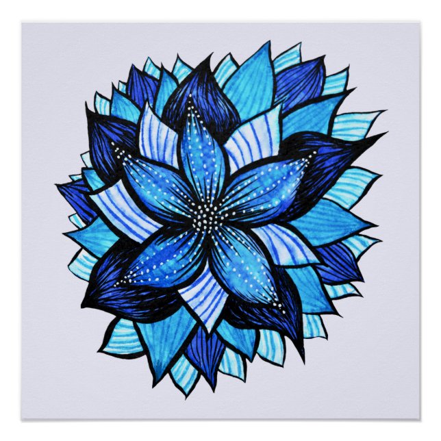 Póster Hermoso dibujo abstracto de tinta de flor azul (Anverso)
