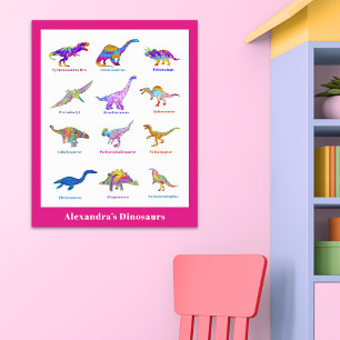 Póster Hermoso Dinosaurio acuarela con nombres rosa Post