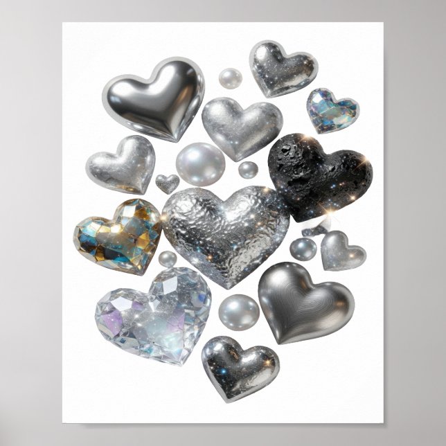 Póster Hermoso diseño de CORAZONES Y ESTRELLAS de plata (Frente)