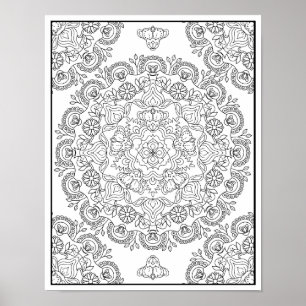 Póster Hermoso diseño de mandala de flores para colorear