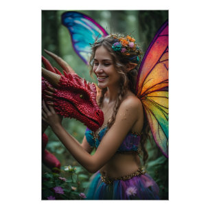 Póster Hermoso Dragón Rojo Hada