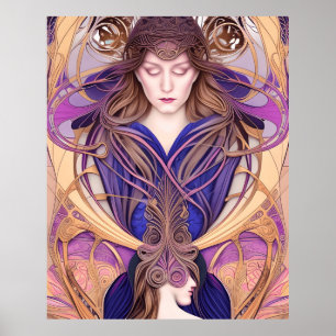Póster Hermoso estilo Art Nouveau Azul púrpura
