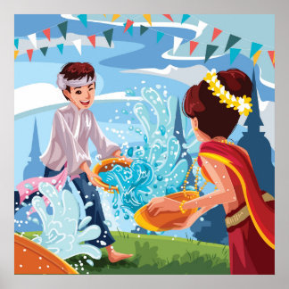 Póster Hermoso festival Songkran arroja agua