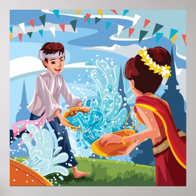 Póster Hermoso festival Songkran arroja agua (Frente)
