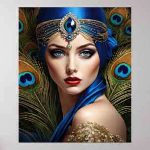Póster Hermoso Flapper Con Turbán Pavo Real