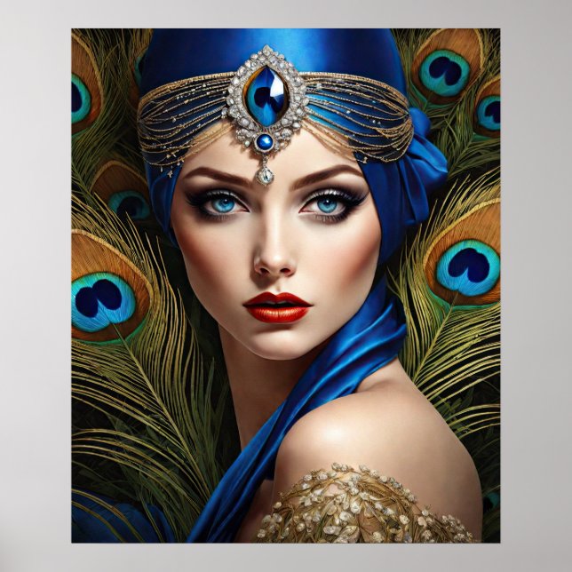 Póster Hermoso Flapper Con Turbán Pavo Real (Frente)